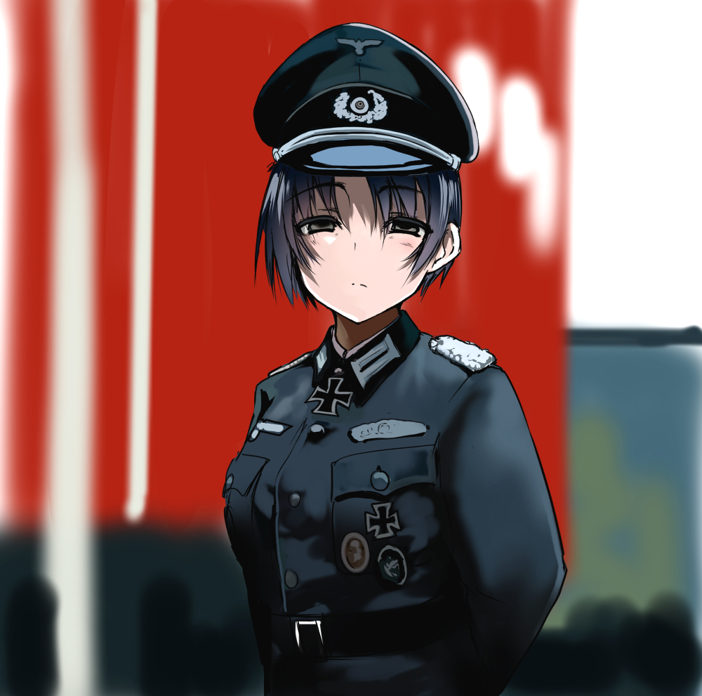 1girl, arms_behind_back, badge, banner, belt, black_eyes, black_hair, blurry