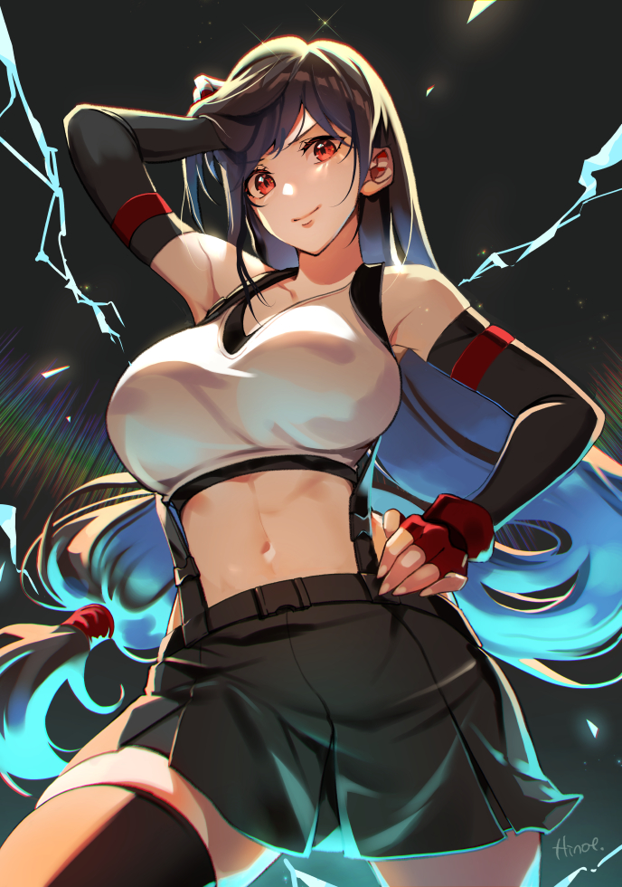 1girl, abs, adjusting_hair, arm_up, black_background, black_hair, black_legwear, black_skirt