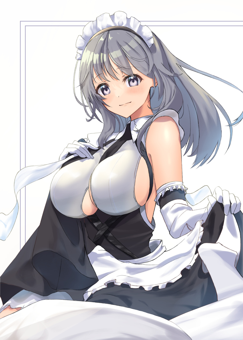 1girl, amaner, apron, azur_lane, between_breasts, black_dress, black_necktie, breasts