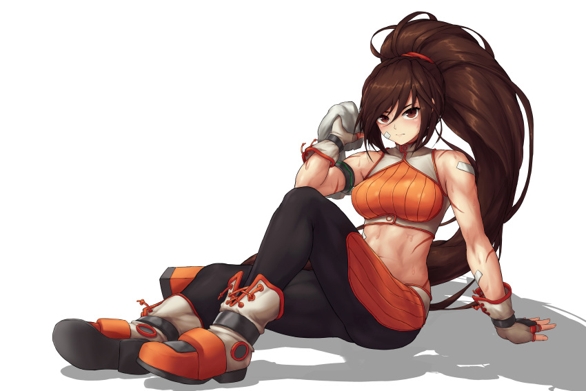 1girl, abs, absurdres, bandaid, bandaid_on_face, bangs, blush, boots