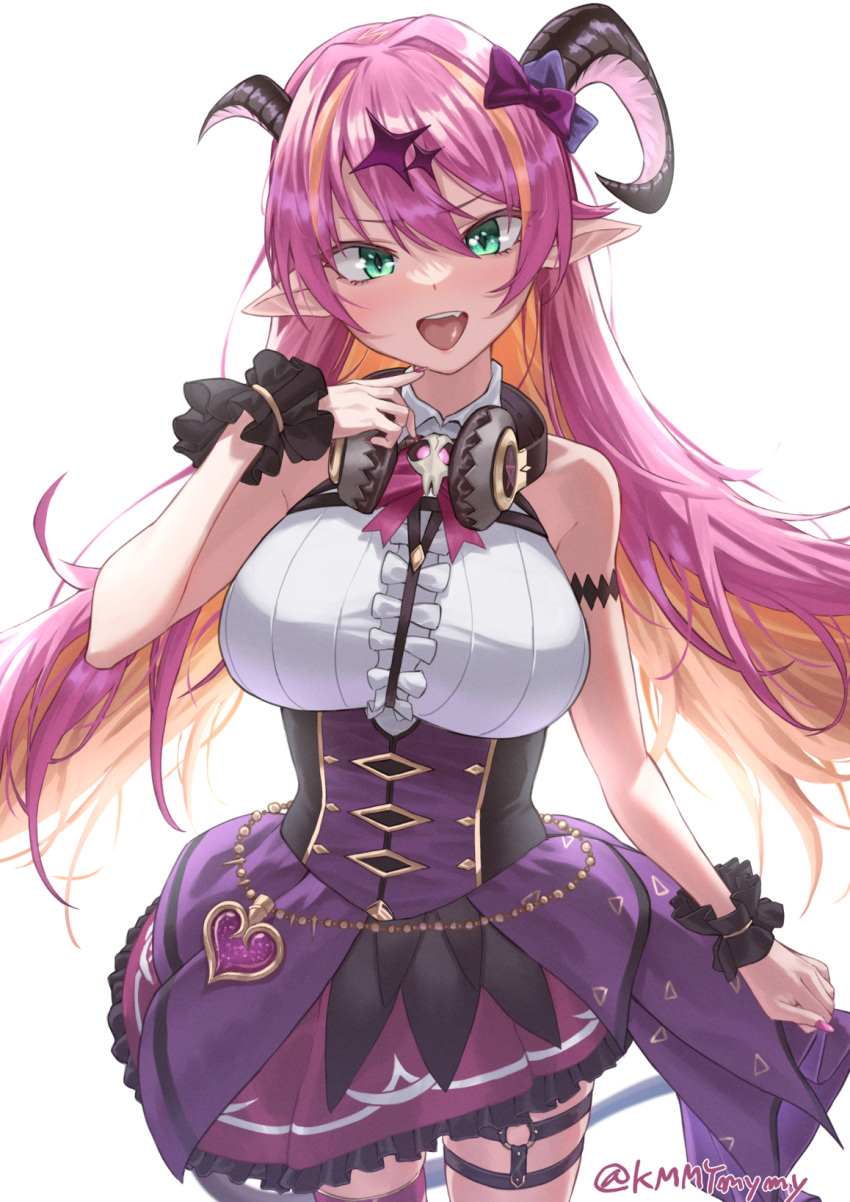 1girl, armband, asymmetrical_horns, blush, bow, breasts, chest_harness, collarbone