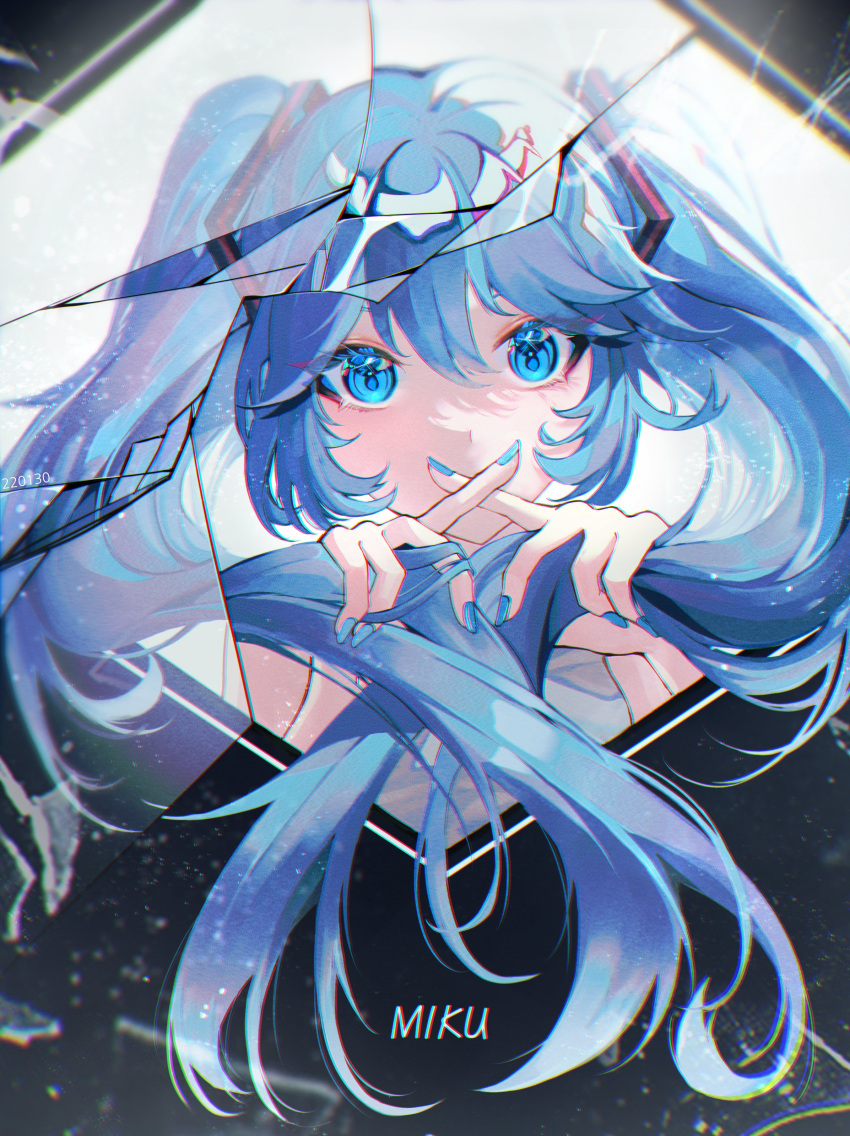 1girl, absurdres, blue_eyes, blue_hair, character_name, crossed_fingers, eun_yelim, hair_ornament, hatsune_miku, highres, long_hair, looking_at_viewer, nail_polish, pale_skin, shattered, solo, twintails, vocaloid