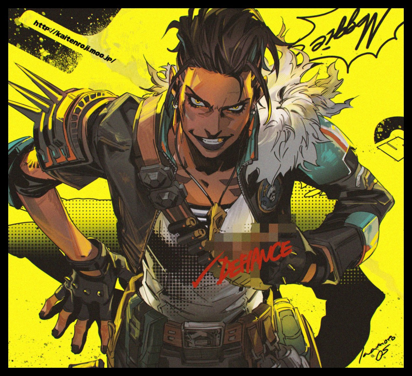 1girl, apex_legends, belt, black_border, black_hair, black_jacket, black_pants, border