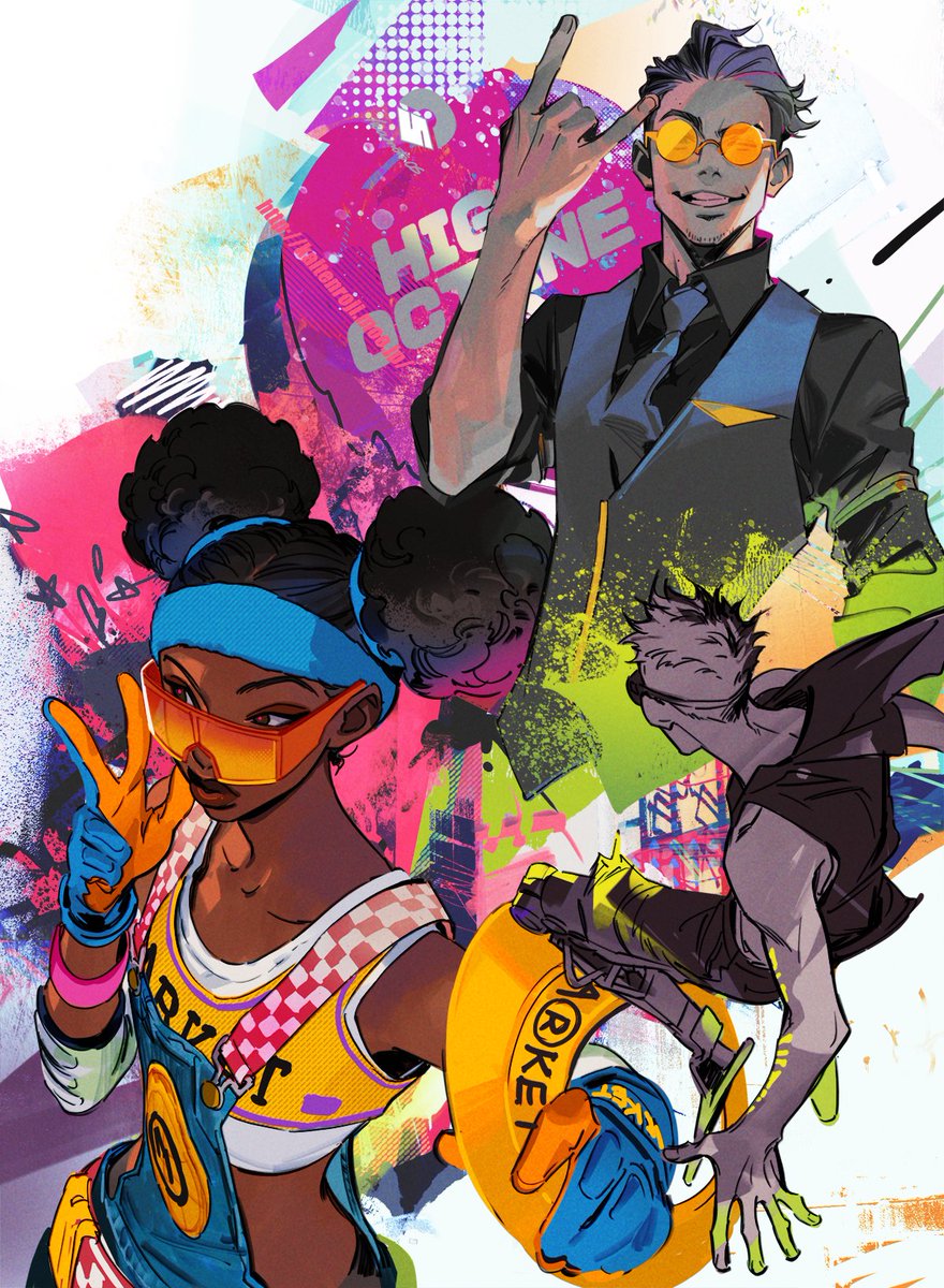 1boy, 1girl, \m/, apex_legends, black_hair, black_shirt, blue_gloves, blue_headband