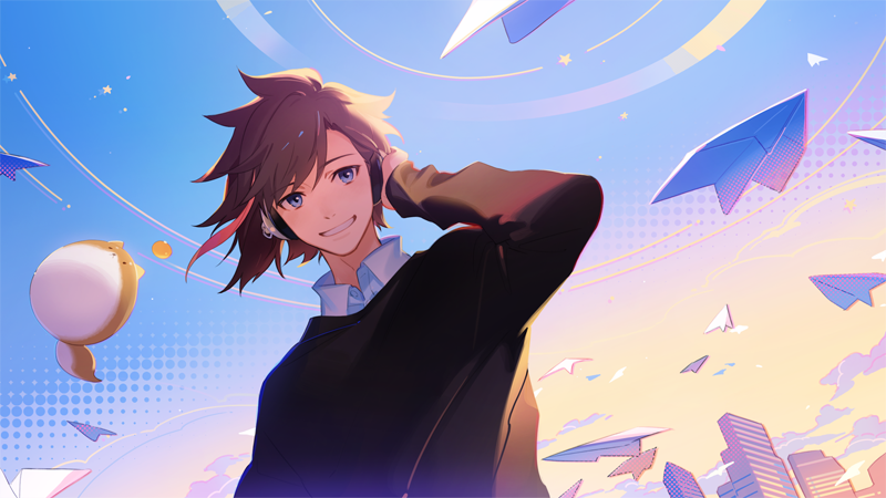 1boy, black_sweater, blue_eyes, blue_shirt, brown_hair, building, collared_shirt, crazy_raccoon