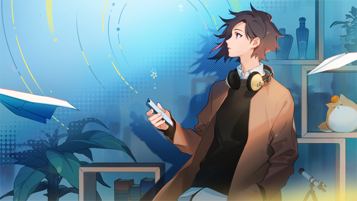 1boy, black_sweater, blue_eyes, brown_hair, brown_jacket, collared_shirt, crazy_raccoon, hair_behind_ear