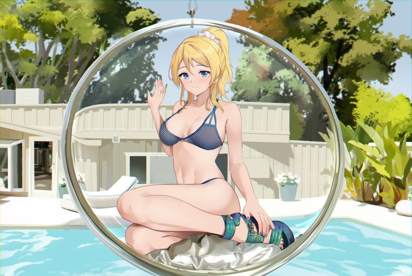 1girl, absurdres, ayase_eli, bikini, blonde_hair, blue_bikini, blue_eyes, blue_nails