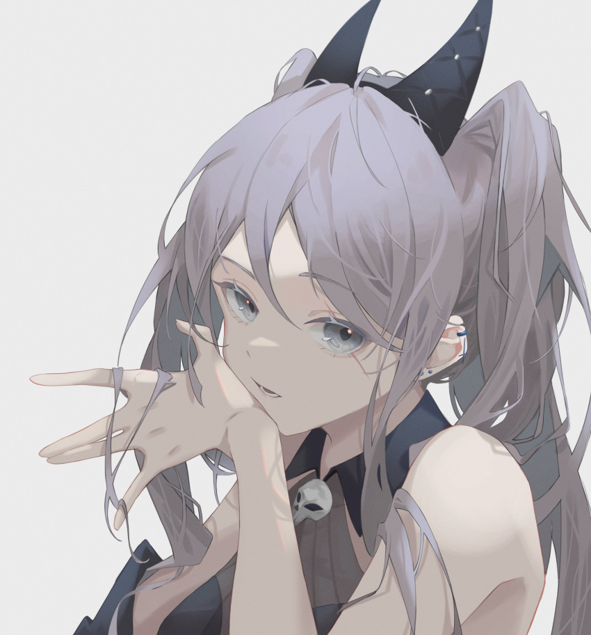 1girl, absurdres, alchemy_stars, bangs, bare_shoulders, collared_dress, dress, ear_piercing