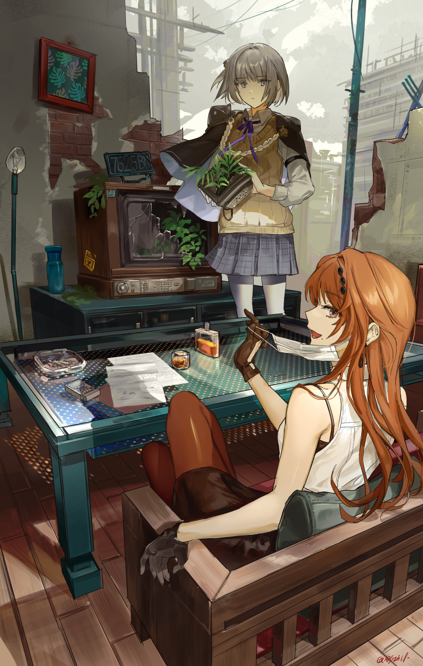 2girls, absurdres, alchemy_stars, alcohol, ashtray, bench, black_gloves, black_skirt