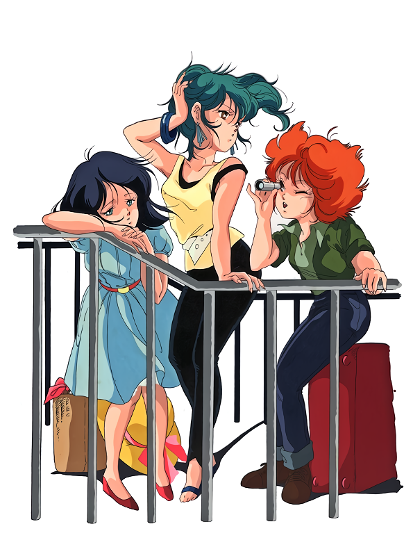 1980s_(style), 3girls, against_railing, aqua_hair, black_hair, briefcase, long_hair, medium_hair