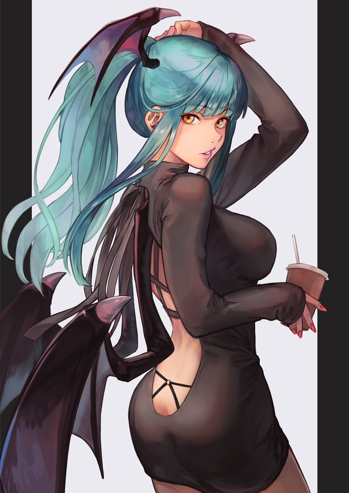 1girl, arm_up, back, bangs, bat_wings, black_dress, breasts, cup
