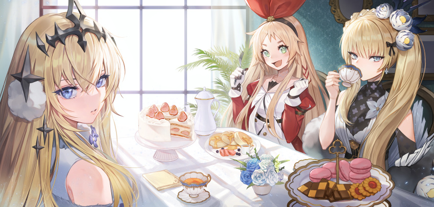 3girls, absurdres, alchemy_stars, amnag, bangs, bare_shoulders, bethlehem_(alchemy_stars), blonde_hair