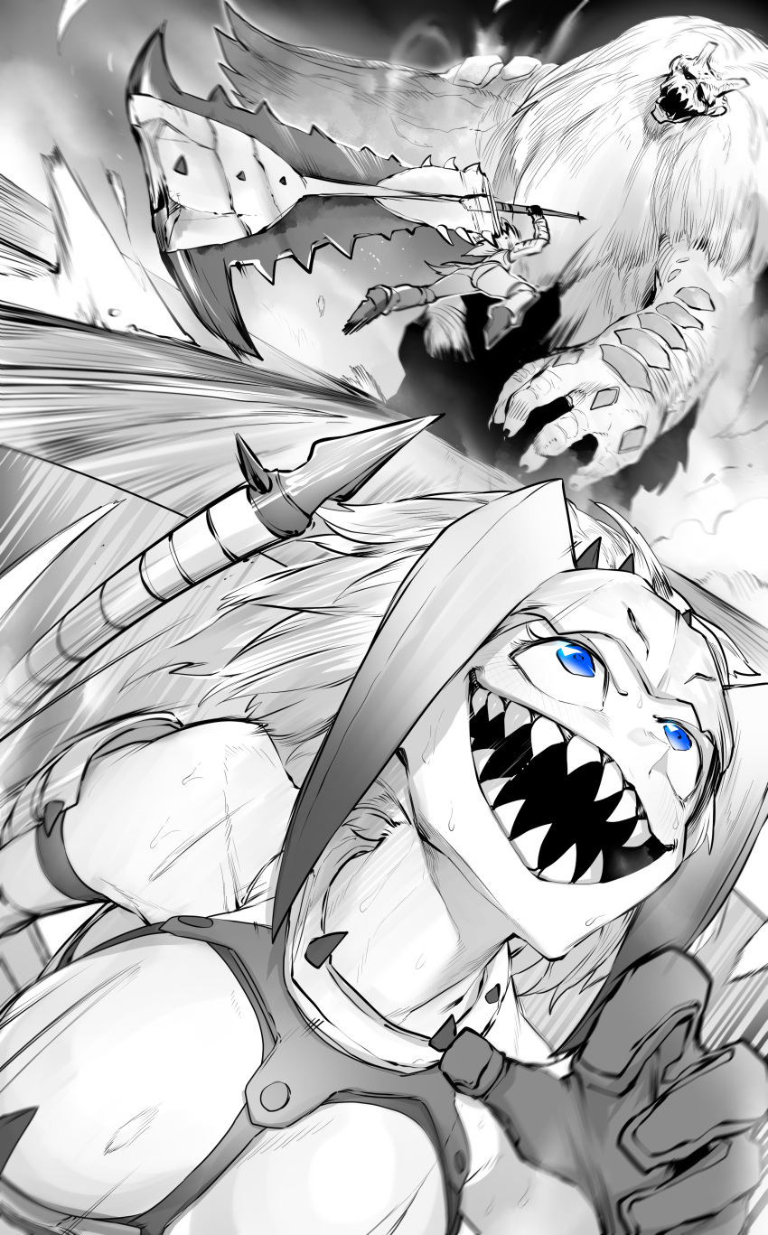 1girl, absurdres, barioth_(armor), blue_eyes, gloves, goss_harag, grin, highres, holding, holding_sword, holding_weapon, huge_weapon, jumping, monster, monster_hunter_(series), niwarhythm, sharp_teeth, smile, spot_color, sword, teeth, weapon