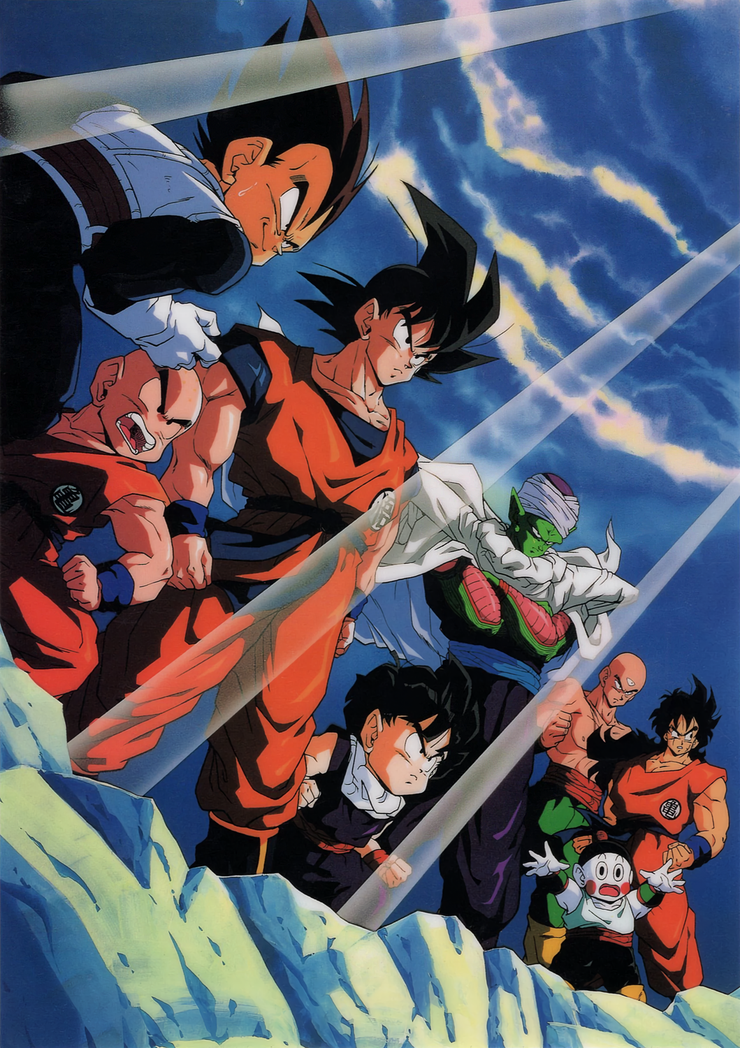 1990s_(style), 6+girls, bald, black_eyes, black_hair, cape, chaozu, colored_skin