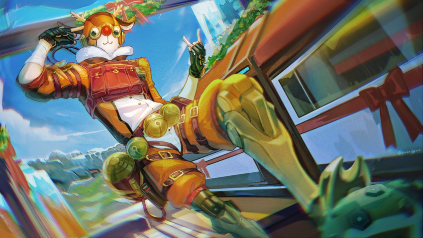1boy, :3, \m/, animal_costume, antlers, apex_legends, asukayou, bell