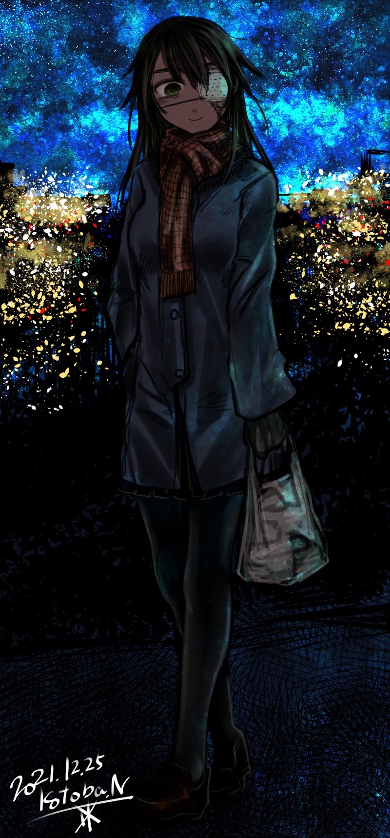 1girl, black_legwear, blue_jacket, burn_scar, closed_mouth, eyepatch, full_body, green_eyes