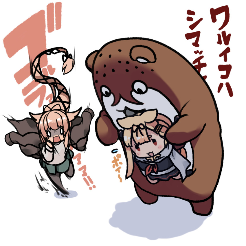 0_0, 2girls, absurdres, beige_sweater, bokukawauso, brown_coat, chibi, coat