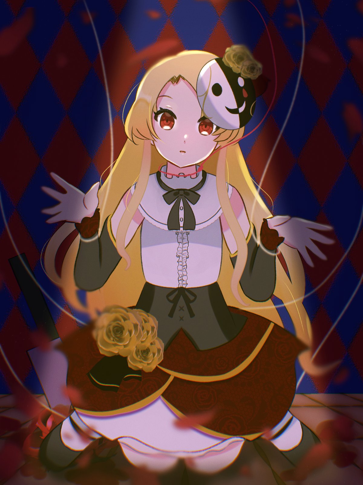 adapted_costume, bare_shoulders, black_ribbon, black_sleeves, blonde_hair, brown_skirt, capelet, center_frills