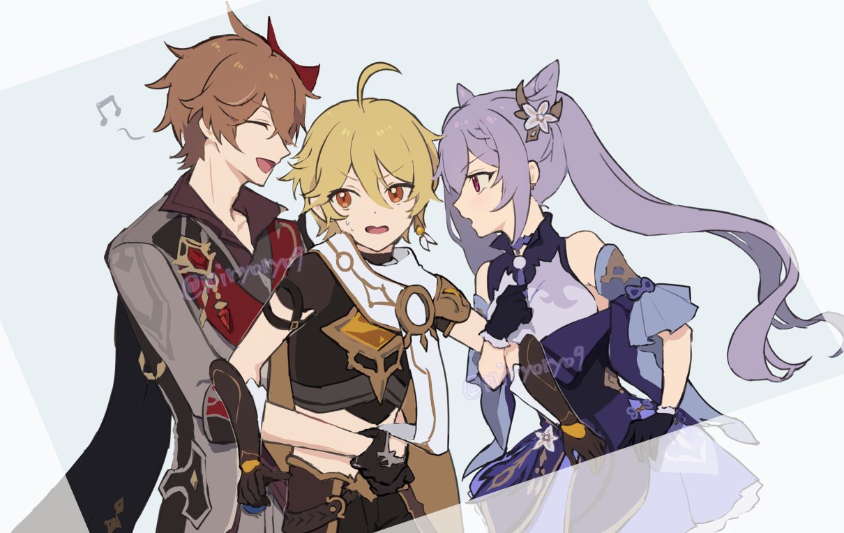 1girl, 2boys, aether_(genshin_impact), ahoge, bangs, bare_shoulders, black_gloves, black_legwear