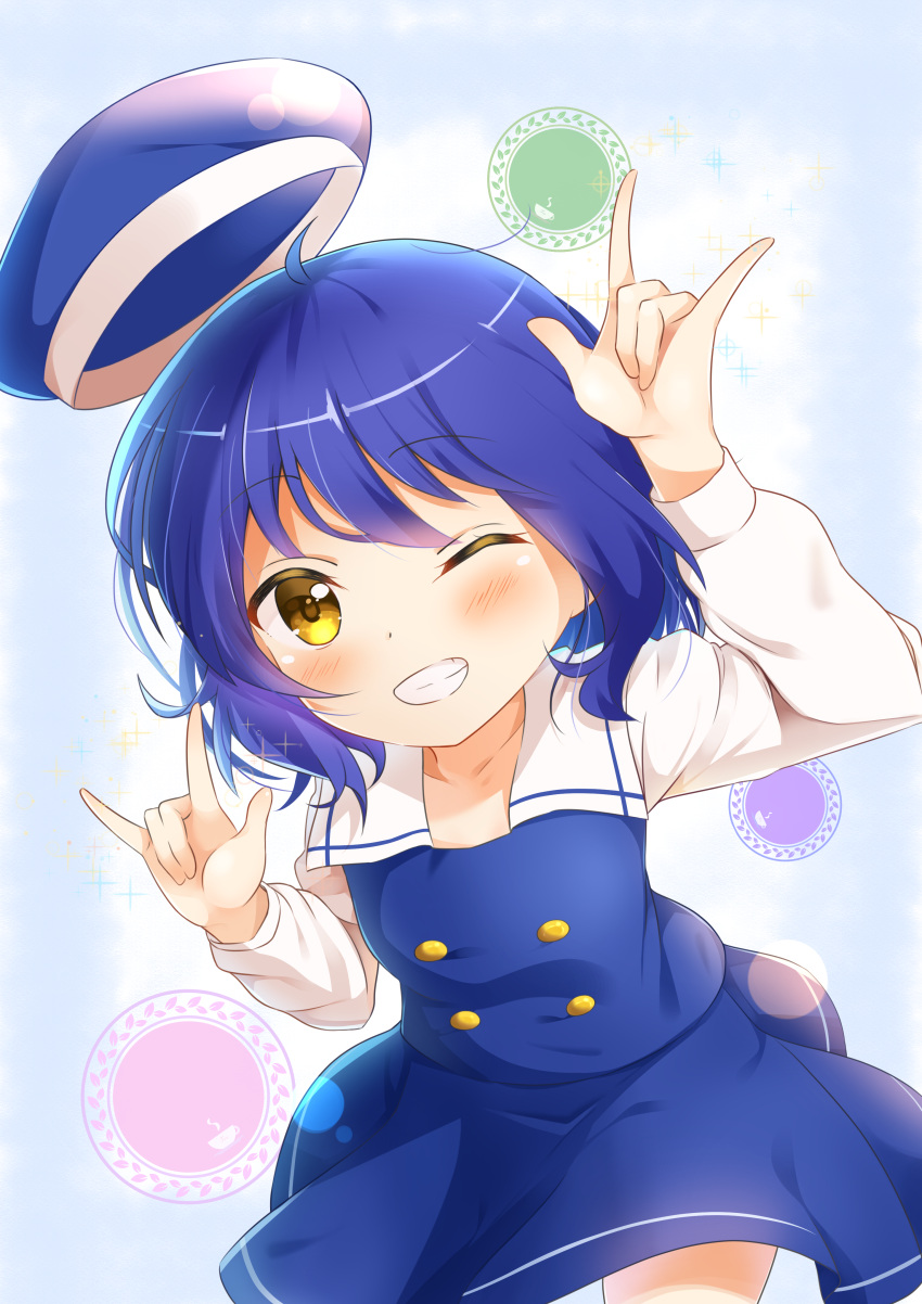 1girl, ;d, \m/, absurdres, beret, blue_hair, blue_headwear, blue_skirt