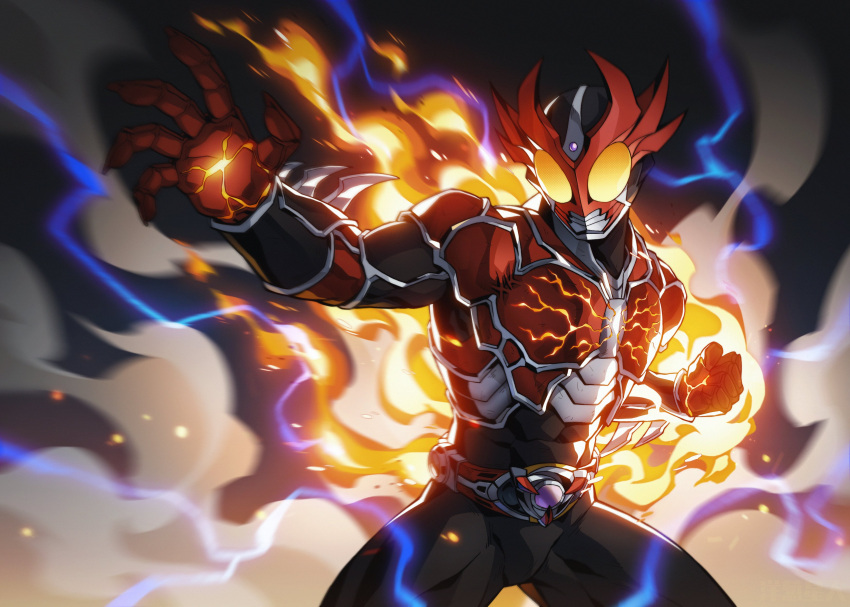1boy, abs, absurdres, altering_(agito), black_bodysuit, bodysuit, bursting, electricity, evolution, fighting_stance, flaming_hand, gauntlets, highres, horns, incoming_attack, incoming_punch, kamen_rider, kamen_rider_agito, kamen_rider_agito_(burning_form), kamen_rider_agito_(series), lightning, onion_maru, punching, red_horns, rider_belt, smoke, spiked_gauntlets, transformation, yellow_eyes