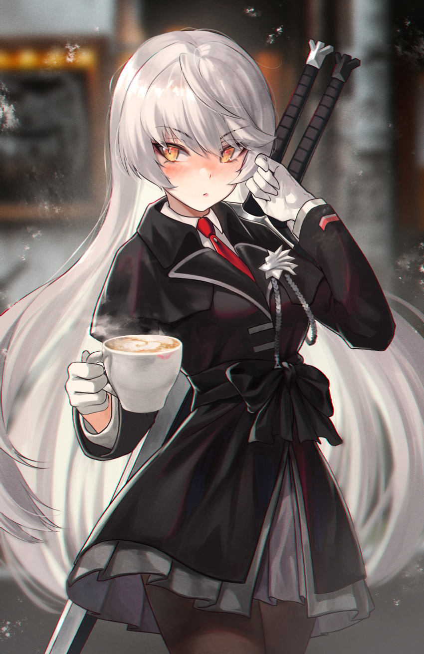 1girl, absurdres, black_jacket, black_legwear, blurry, blurry_background, coffee, counter:side