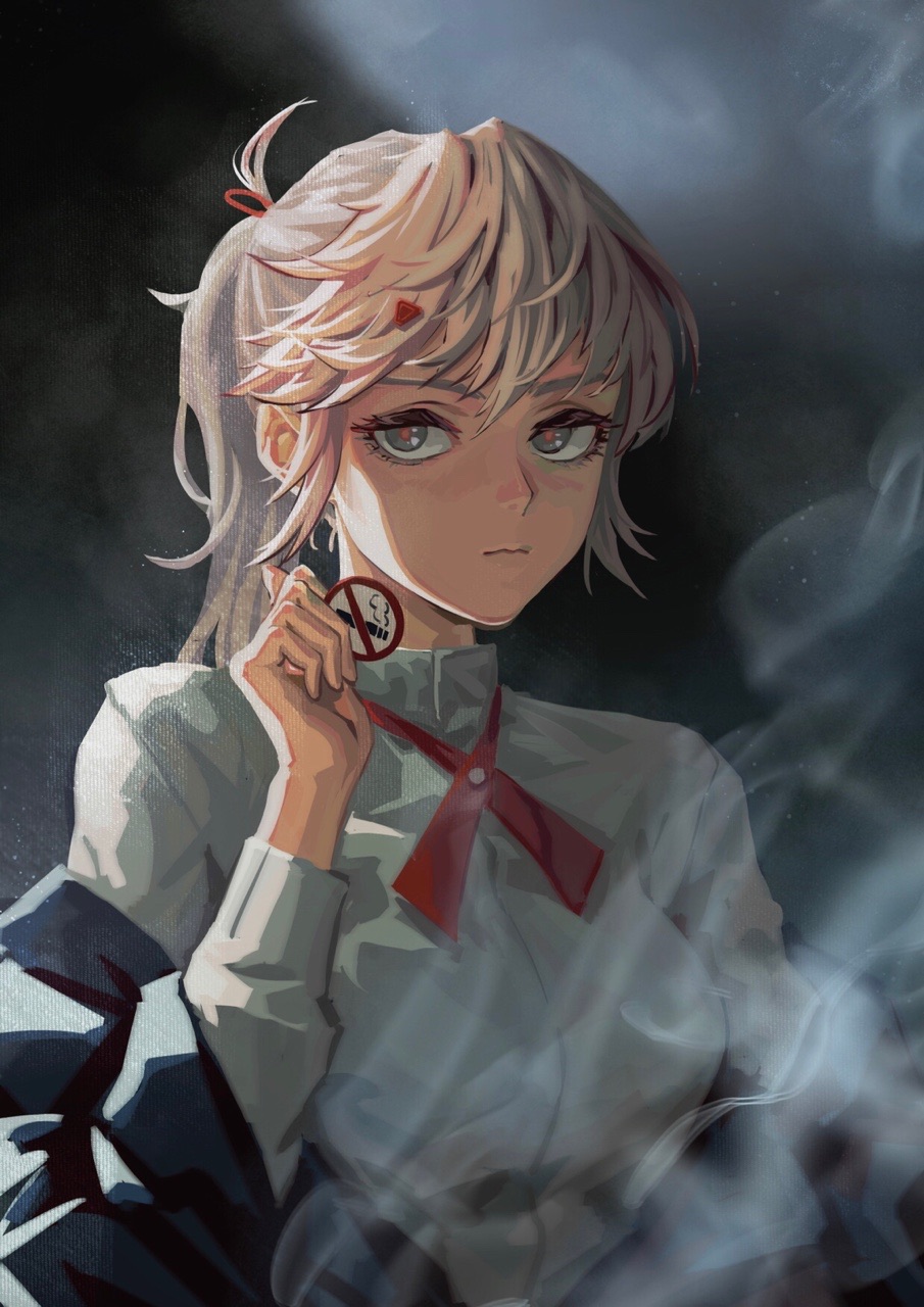 1girl, bangs, blade_runner, blonde_hair, breasts, closed_mouth, grey_eyes, guihuo_inferno
