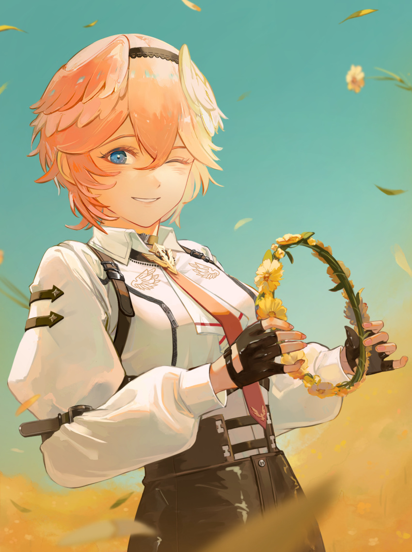 bangs, black_gloves, black_shorts, blue_eyes, collared_shirt, fingerless_gloves, gloves, hair_between_eyes