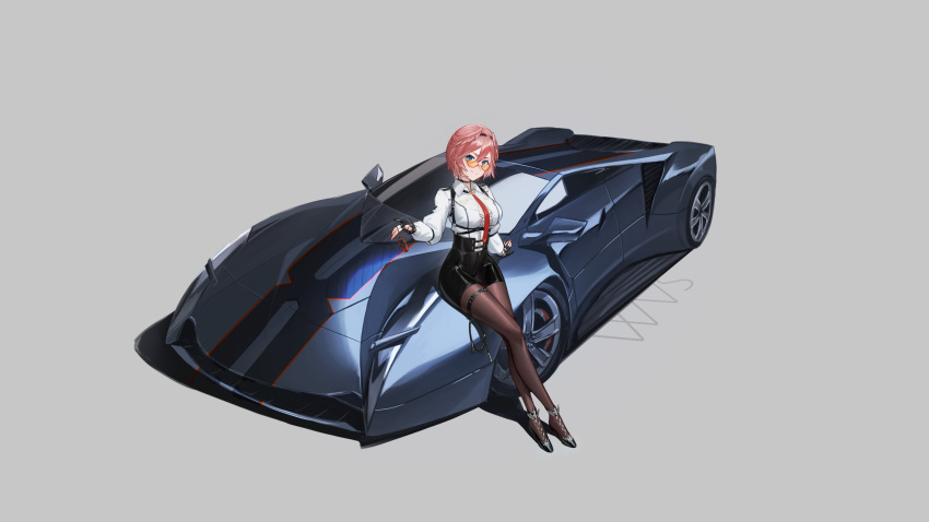 1girl, absurdres, black_legwear, black_shorts, blue_eyes, breasts, car, collared_shirt