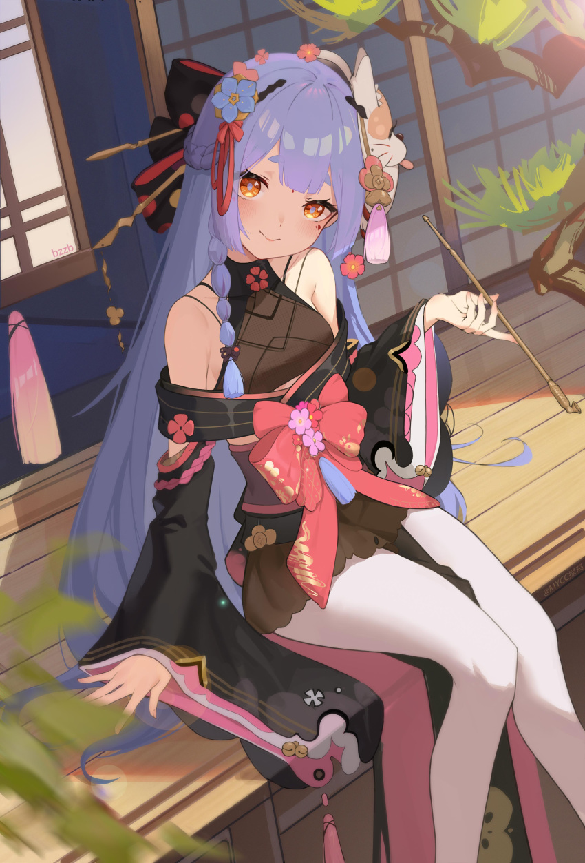 1girl, absurdres, azusa_(vtuber), blue_hair, bow, braid, bsmycc, closed_mouth, detached_sleeves, dress, feet_out_of_frame, flower, hair_flower, hair_ornament, hair_stick, hand_up, highres, holding, holding_pipe, long_hair, looking_at_viewer, mask, mask_on_head, nijisanji, orange_eyes, pantyhose, pipe, side_braid, sitting, smile, solo, virtual_youtuber, virtuareal