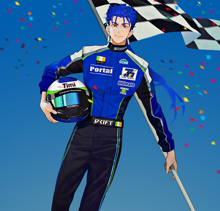 1boy, blue_hair, closed_mouth, confetti, contemporary, cu_chulainn_(fate), cu_chulainn_(fate/stay_night), earrings