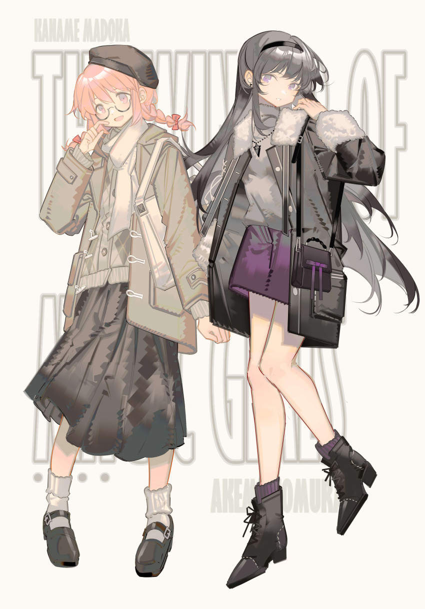 2girls, absurdres, akemi_homura, bag, black_coat, black_footwear, black_hair, black_hairband