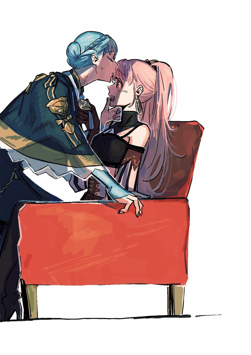 2girls, armchair, black_capelet, black_shirt, blue_hair, blush, braid, capelet, chair, closed_eyes, crown_braid, earrings, eyebrows_visible_through_hair, fire_emblem, fire_emblem:_three_houses, hair_bun, highres, hilda_valentine_goneril, hoop_earrings, jewelry, kani_(kaniya), kiss, kissing_forehead, leaning_forward, long_hair, long_sleeves, marianne_von_edmund, multiple_girls, off-shoulder_shirt, off_shoulder, open_mouth, pink_hair, shirt, simple_background, sitting, sweat, turtleneck, twintails, white_background, yuri