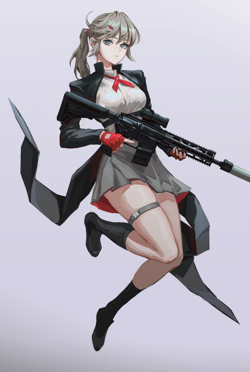 1girl, absurdres, ar-15, assault_rifle, fingerless_gloves, floating, full_body, gloves