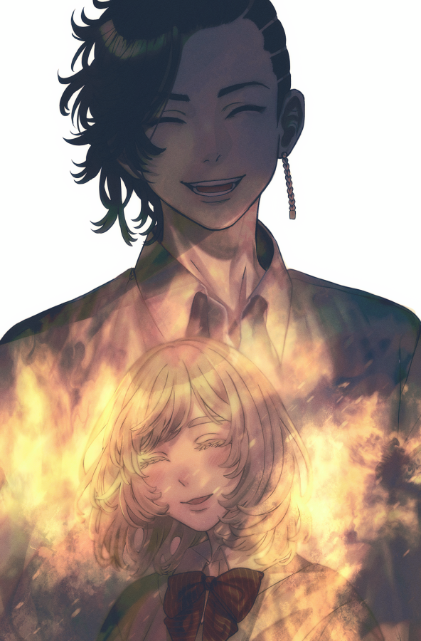 1boy, 1girl, ^_^, asymmetrical_hair, black_hair, closed_eyes, collared_shirt, dress_shirt