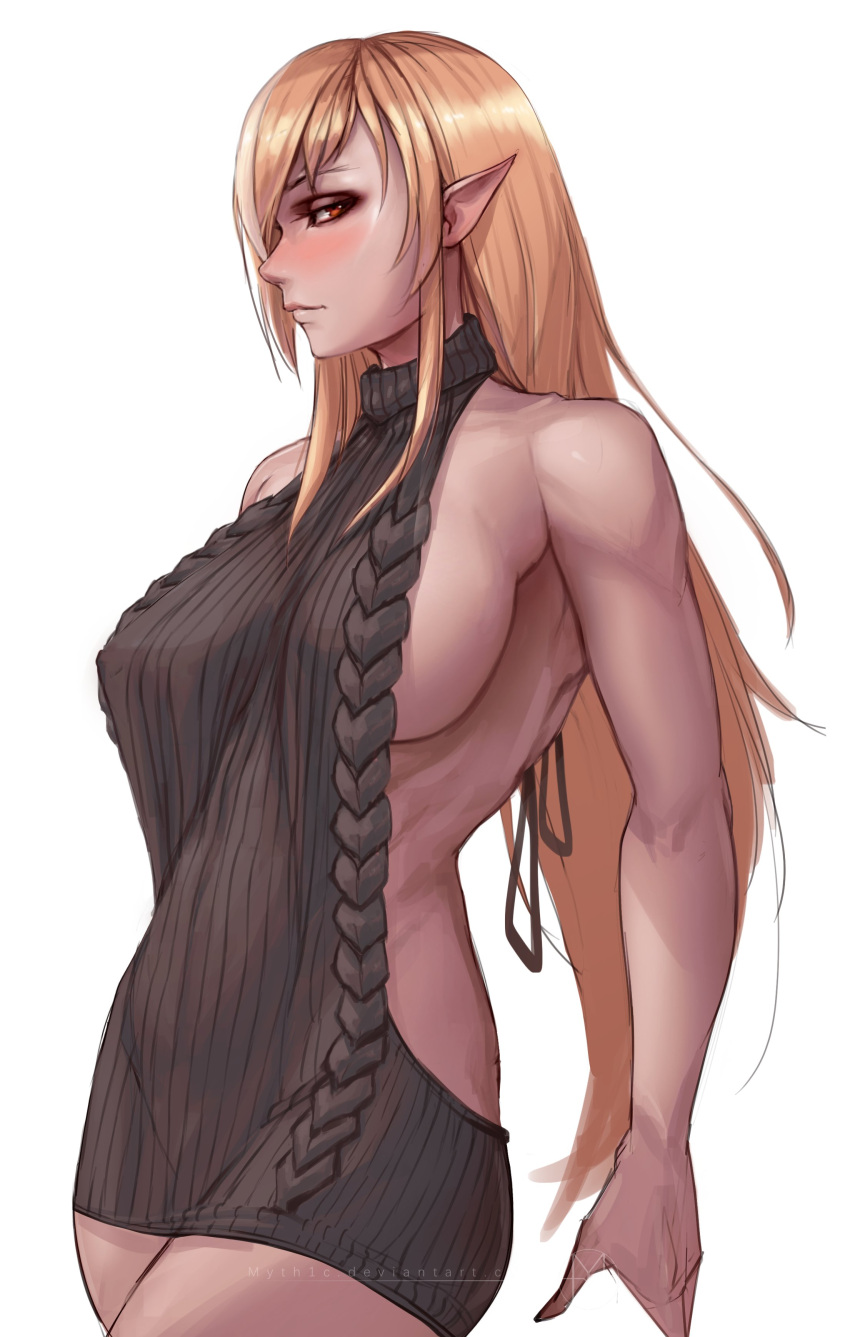 1girl, absurdres, backless_dress, backless_outfit, bare_shoulders, blonde_hair, breasts, dark-skinned_female