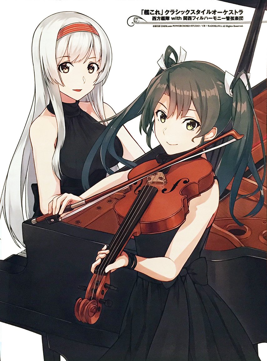 2girls, bangs, black_dress, breasts, dress, evening_gown, grey_hair, hair_ribbon