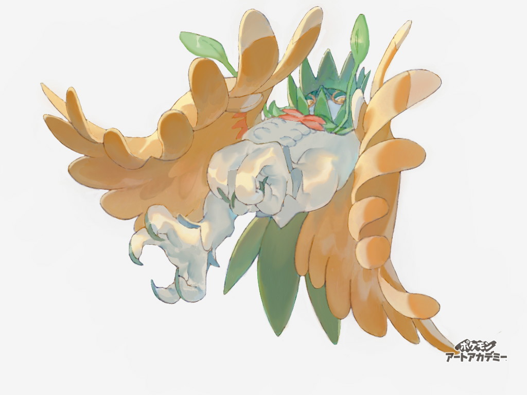 animal_focus, bird, commentary_request, copyright_name, decidueye, full_body, muginoomoti, no_humans, orange_pupils, owl, pokemon, pokemon_(creature), pokemon_art_academy, simple_background, solo, talons, white_background, yellow_eyes