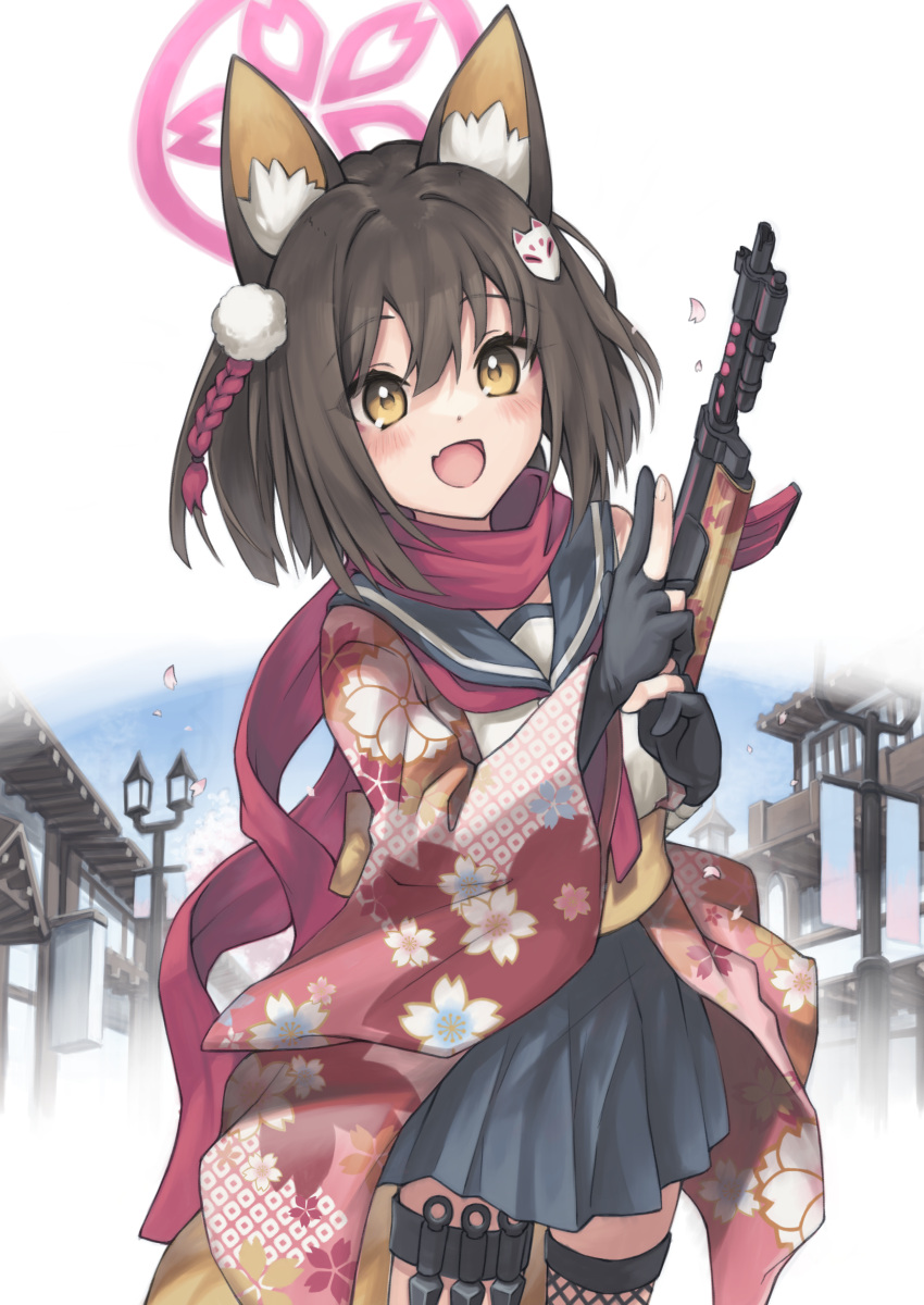 1girl, :d, absurdres, animal_ears, animal_hair_ornament, architecture, bangs, bare_shoulders