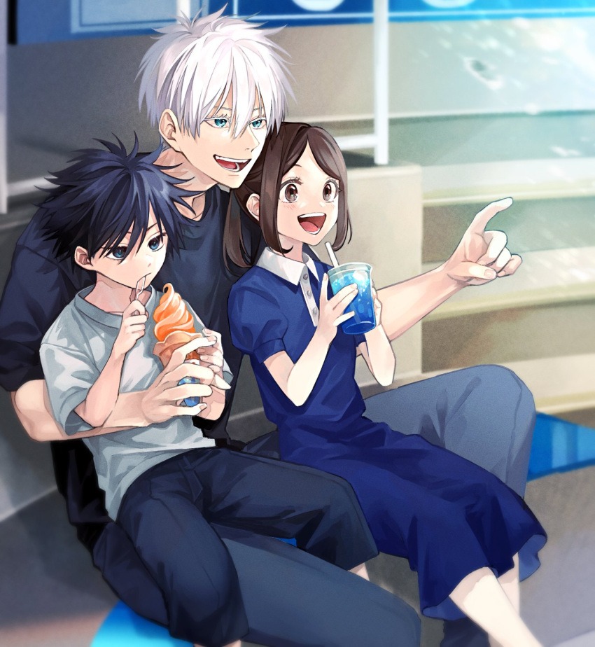 1girl, 2boys, :d, accelerando, bangs, black_hair, black_pants, black_shirt
