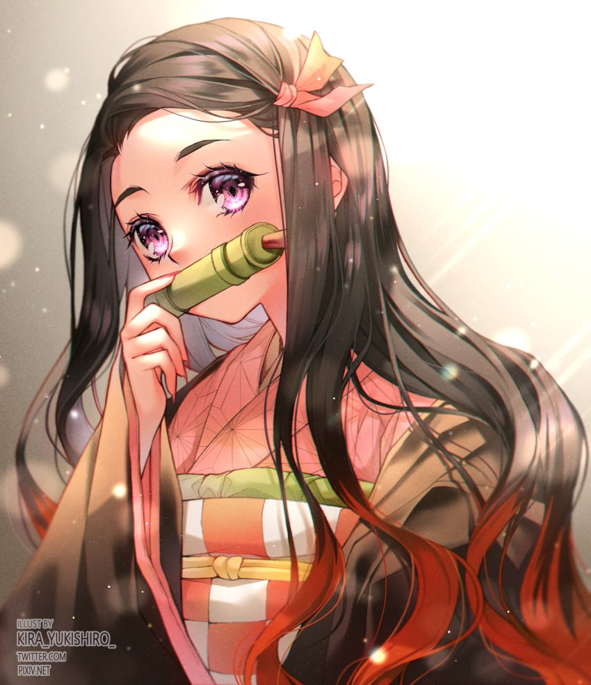 1girl, artist_name, bamboo, black_hair, blurry, bokeh, clip_studio_paint_(medium), covered_mouth