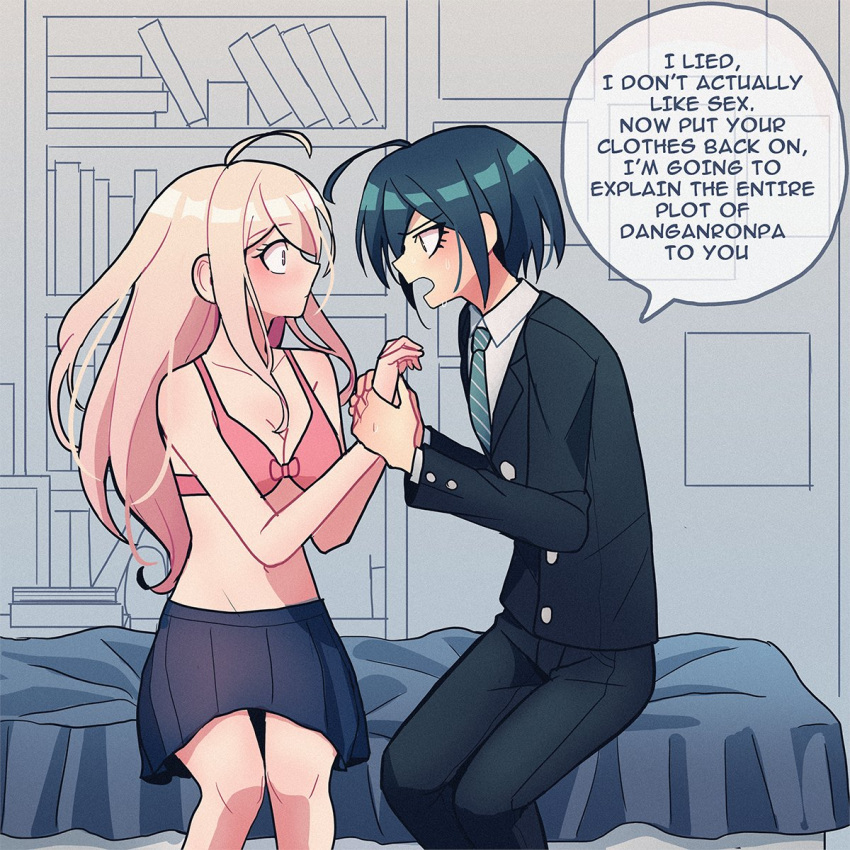 1boy, 1girl, ahoge, akamatsu_kaede, bangs, bare_arms, bare_shoulders, bed