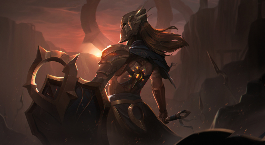 1girl, absurdres, armor, brown_hair, from_behind, full_armor, gauntlets, helm