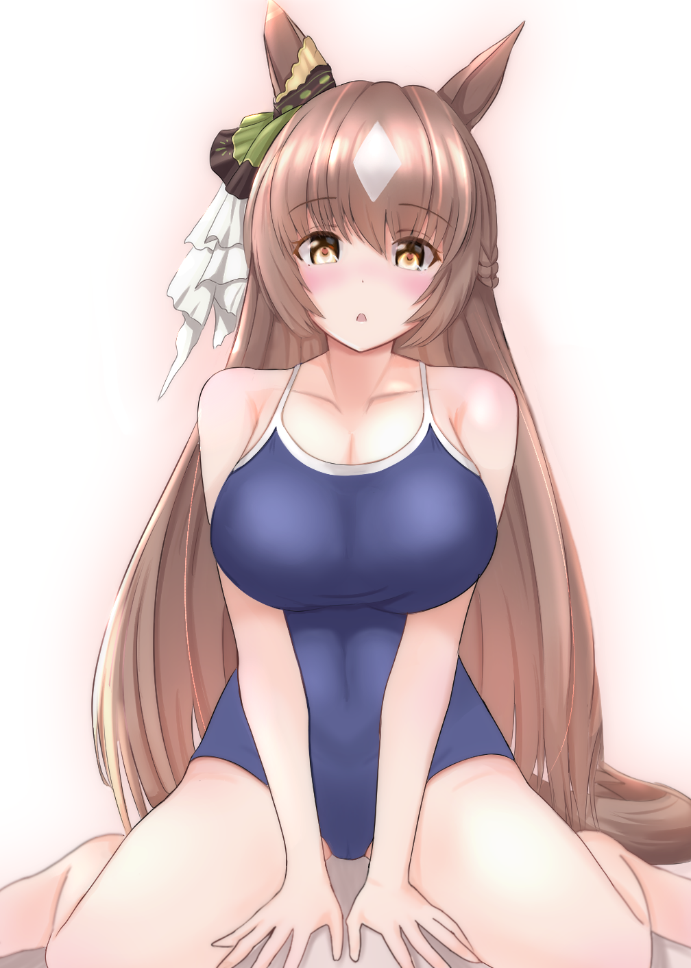 1girl, animal_ears, argyle, bare_shoulders, blush, breasts, collarbone, competition_school_swimsuit