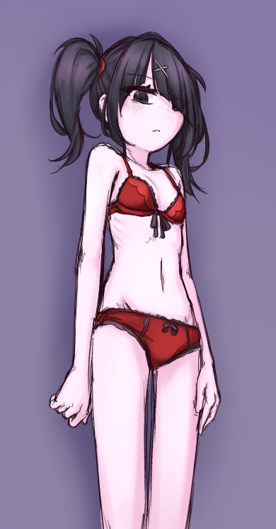 ame-chan_(needy_girl_overdose), black_bow, black_eyes, black_hair, bow, bow_panties, bra, breasts, closed_mouth, feet_out_of_frame, hair_ornament, hair_over_one_eye, lace-trimmed_panties, lace_trim, legs, legs_apart, looking_at_viewer, medium_hair, needy_girl_overdose, open_eyes, orristerioso, panties, purple_background, red_bra, red_panties, ribbon_bra, simple_background, sketch, small_breasts, twintails, underwear, underwear_only, x_hair_ornament