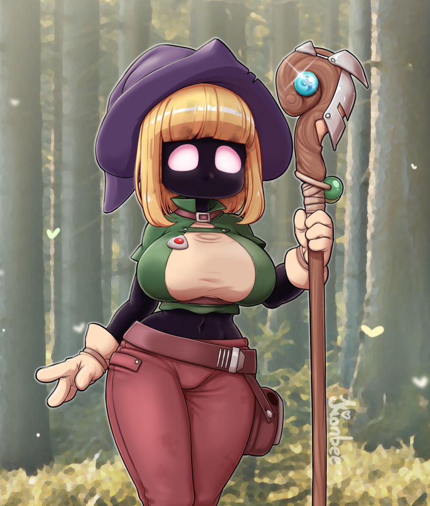 1girl, belt, black_skin, blank_eyes, blonde_hair, bob_cut, breasts, brown_belt