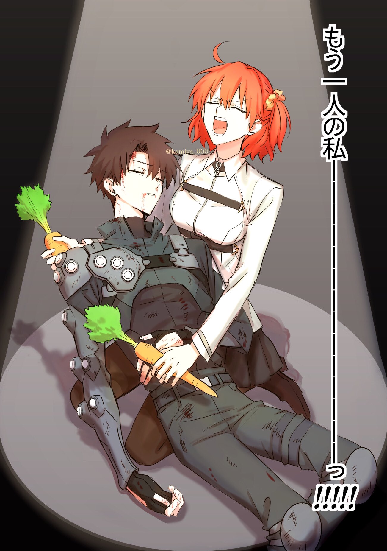 1boy, 1girl, ahoge, bangs, black_hair, chaldea_uniform, closed_eyes, commentary_request, eyebrows_visible_through_hair, fate/grand_order, fate_(series), fujimaru_ritsuka_(female), fujimaru_ritsuka_(male), gloves, hair_between_eyes, hair_ornament, hair_scrunchie, highres, kamiya_(kamiya_000), long_hair, long_sleeves, open_mouth, orange_hair, scrunchie, short_hair, side_ponytail, skirt