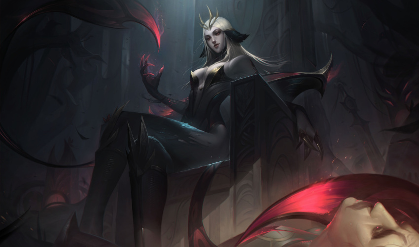 1girl, 1other, absurdres, alternate_costume, bangs, bare_shoulders, black_skin, blonde_hair