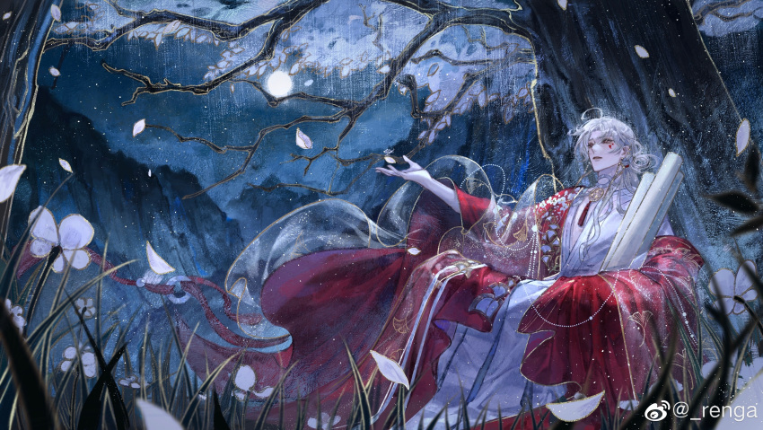 1boy, absurdres, dress, highres, long_hair, male_focus, outdoors, petals