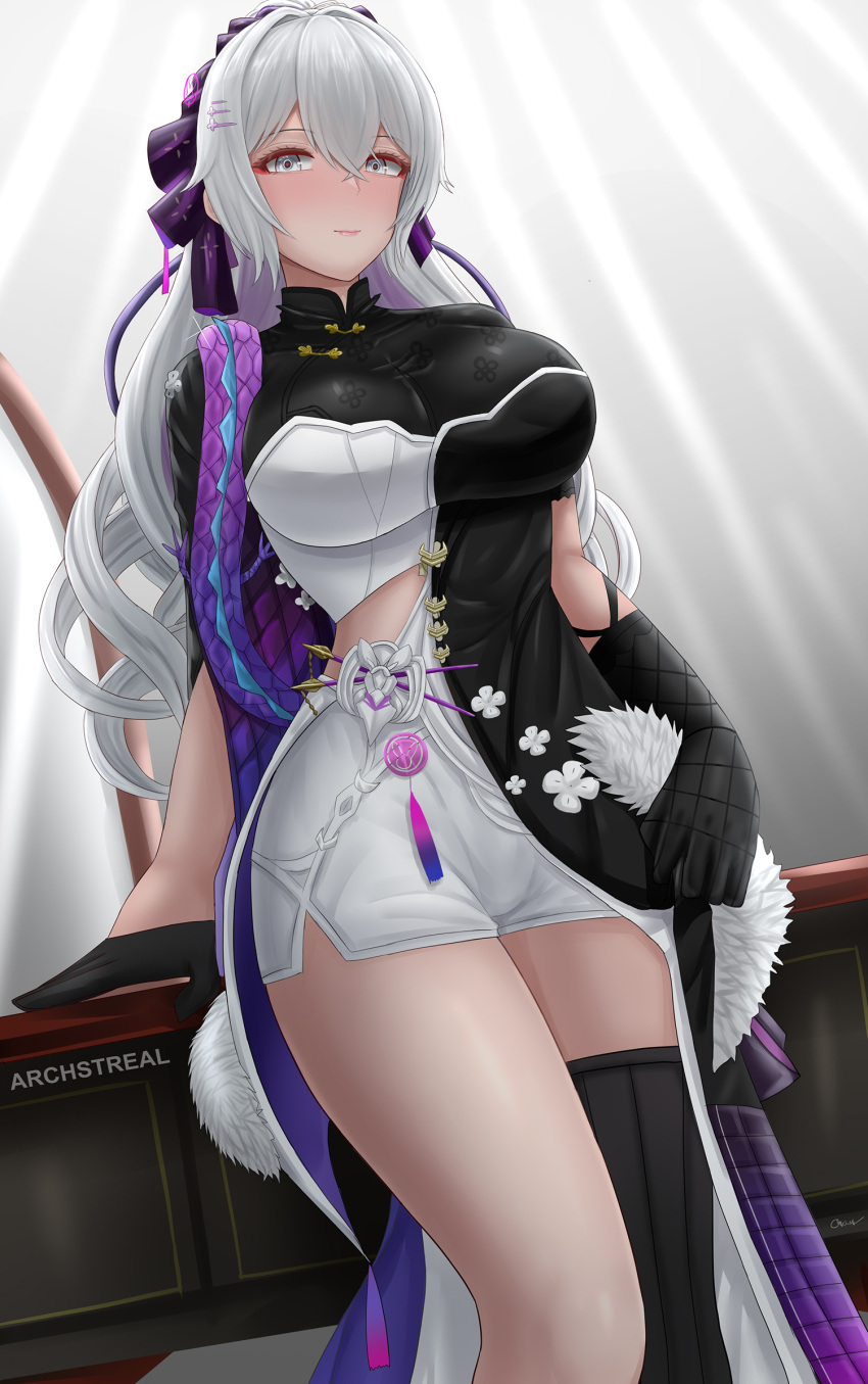 1girl, archstreal, artist_name, asymmetrical_gloves, bangs, black_gloves, black_legwear, blush